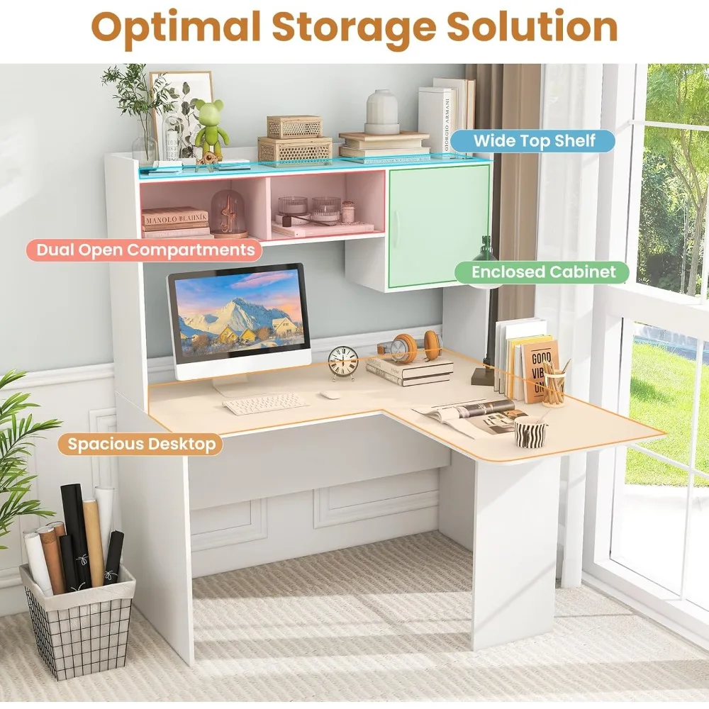 مكتب زاوية بيضاء مزود بخزانة، ومكتب تخزين على شكل حرف L وخزانة، ومحطة عمل كمبيوتر محمول وألعاب #4