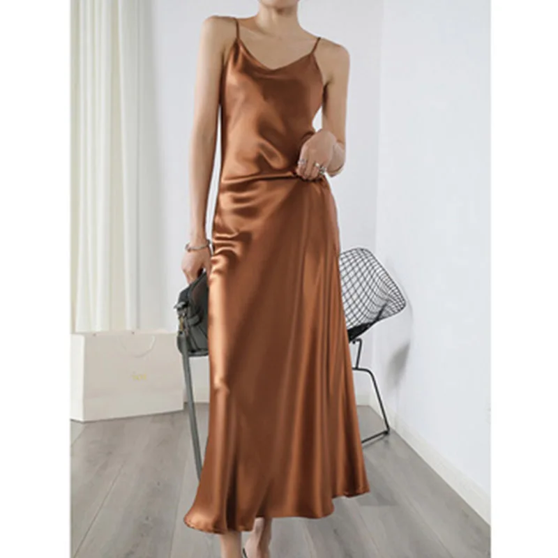 Women's Elegant Acetic Acid Satin Suspender Dress Sexy Sleeveless V Collar Morning Robe A-line Dresses Holiday Meeting Plus Size