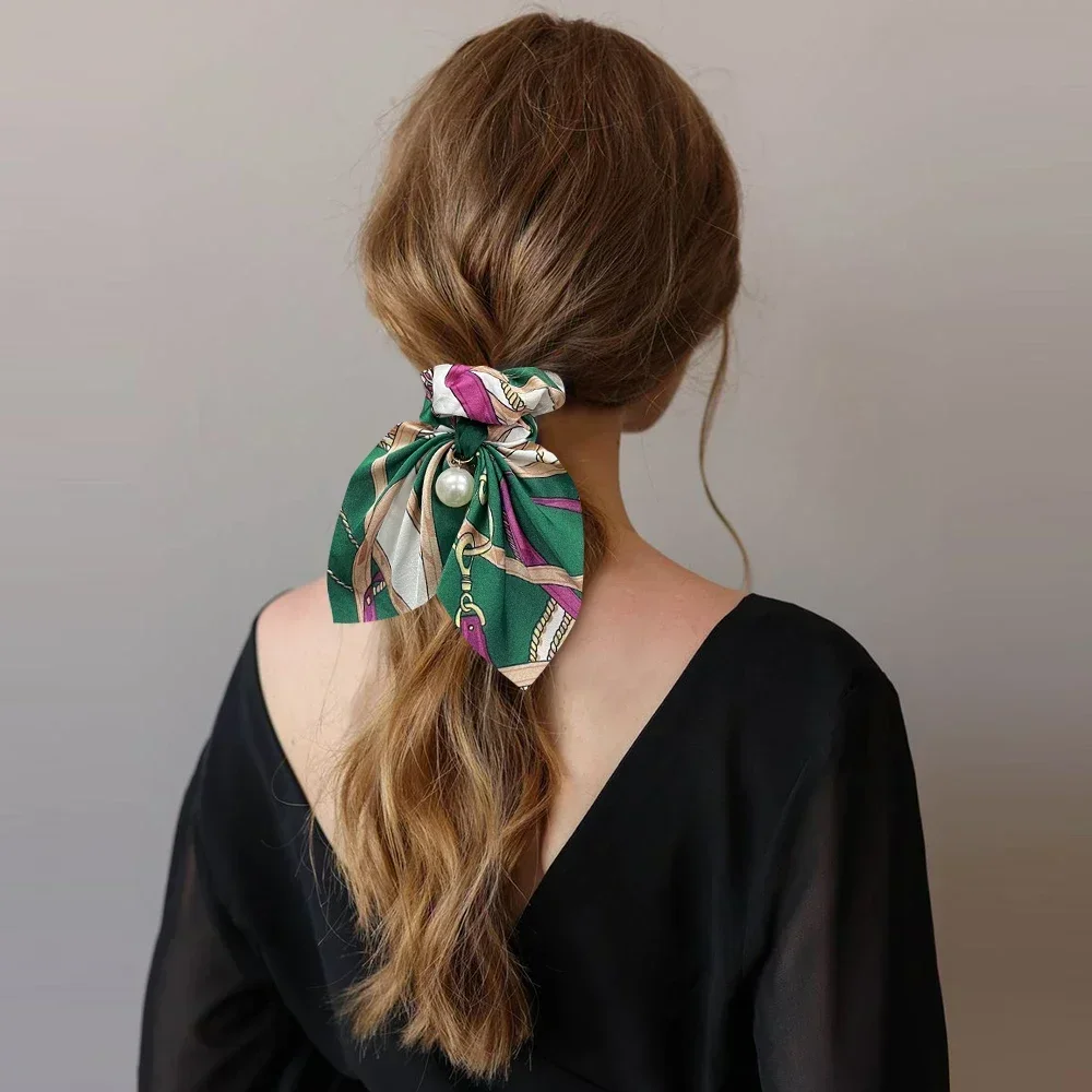 1pcs New Chiffon Bowknot Silk Hair Scrunchies Pearl Ponytail Holder Hair for Women Girls Rubber Bands Hair Accessories