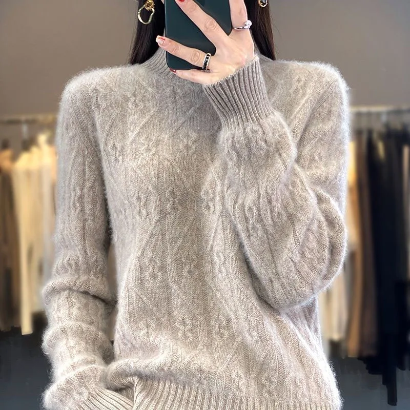 New Autumn and Winter Fashion Korean Solid Fried Dough Twists Half High Collar Thickened Loose Versatile Western Women\'s Sweater