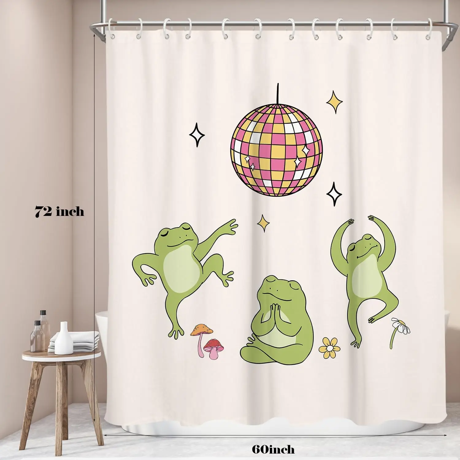 Funny Dancing Frog Disco Ball Shower Curtain, Cute Cartoon Animal Party Pattern, Kawaii Bathroom Decor, Waterproof