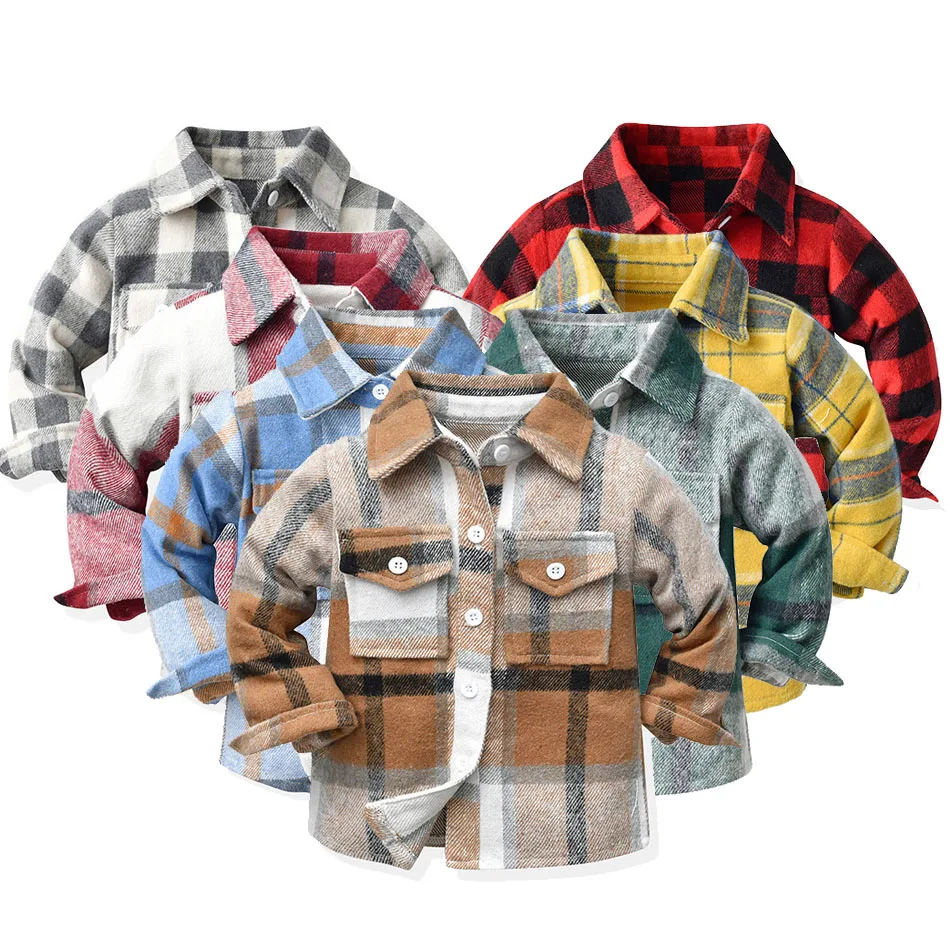 0-12 Years Boys Girls Tees Baby Plaid Pocket Tops Children Spring Autumn Clothes Kids Comfort Korean Jacket Casual Cotton Shirts