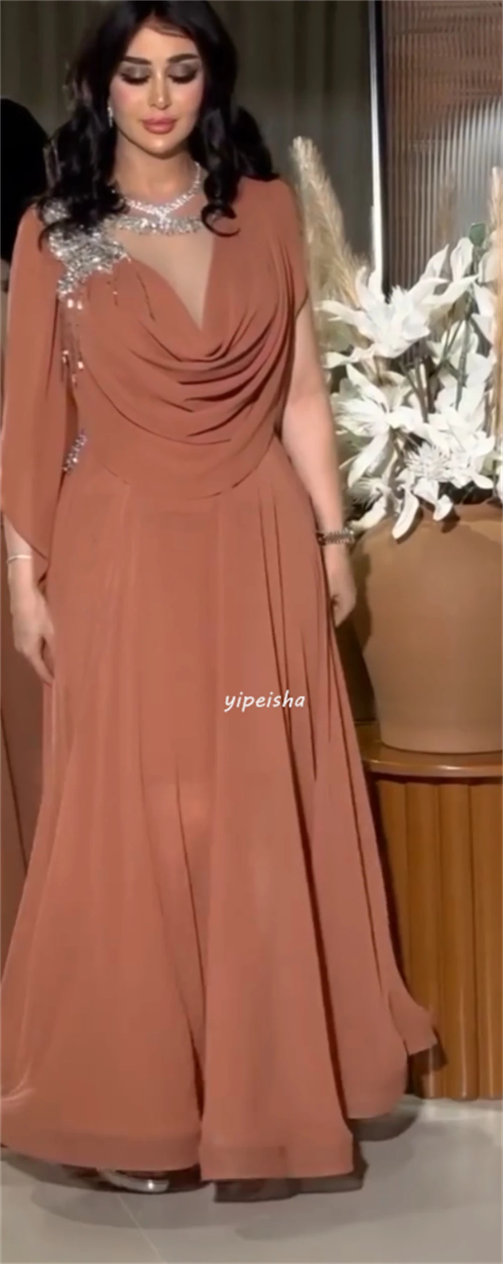 Customized Exquisite Jersey Sequined Pleat Ruched A-line V-neck Long Dresses Cocktail Dresses Classic Modern Style Elegant Match