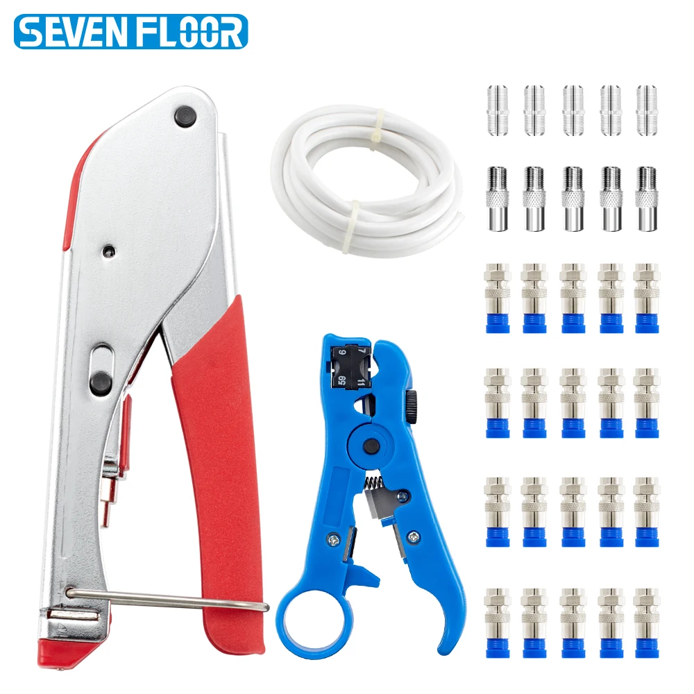 คีมย้ำสายโคแอกเชียล คีมอเนกประสงค์ เครื่องมือบีบสายเคเบิล ตัดสายไฟ พร้อมหัวต่อ F แบบ RG6 จำนวน 20 ชิ้น