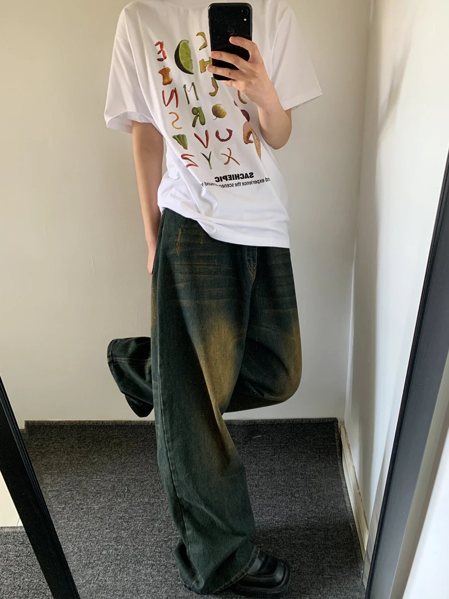 REDDACHiC 90s Retro Skater Men Baggy Jeans Green Wash Adjust-waist Casual Wide Leg Oversize Pants Y2k Trousers Plus Size Clothes