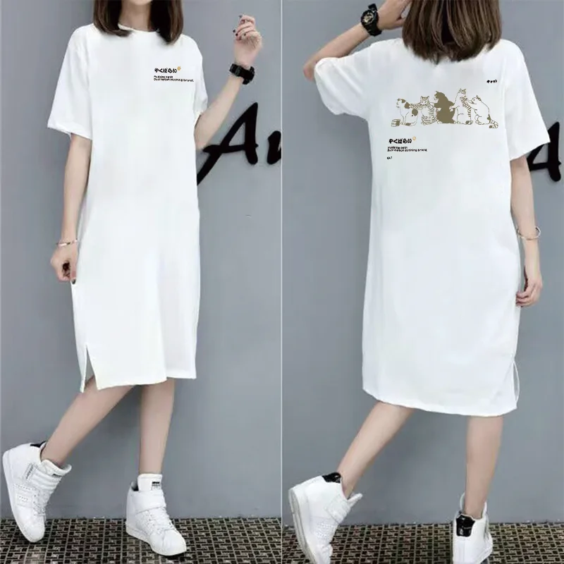 

Summer Japanese Cute Cartoon Simple Cat Fashion Printed Women's Large Size Loose Short-sleeved Dress