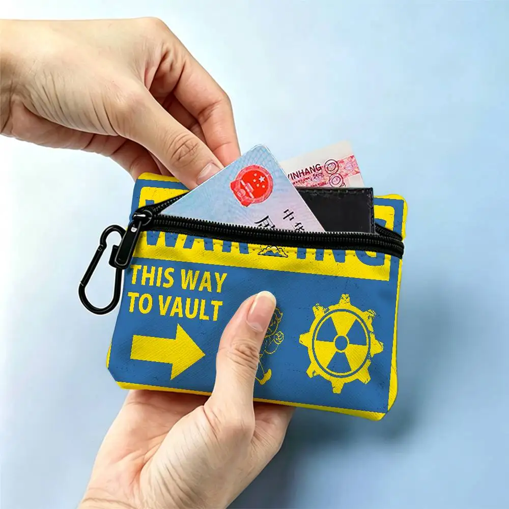 V-Vault-Tec F-Fallout Logo Anti-fade Oxford Cloth Small Zipper Coin Bag Lightweight Hanging Wallet For Coins ID Cards