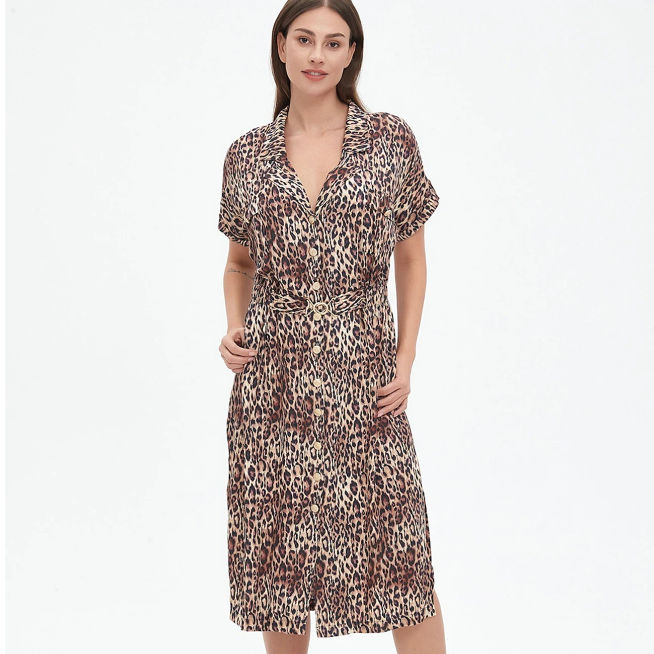 

WXOY Autumn Leopard Dresses Fashion Women Short Sleeve Sundress Casual Femme Midi Dress with Metal Buckle Waist Belt