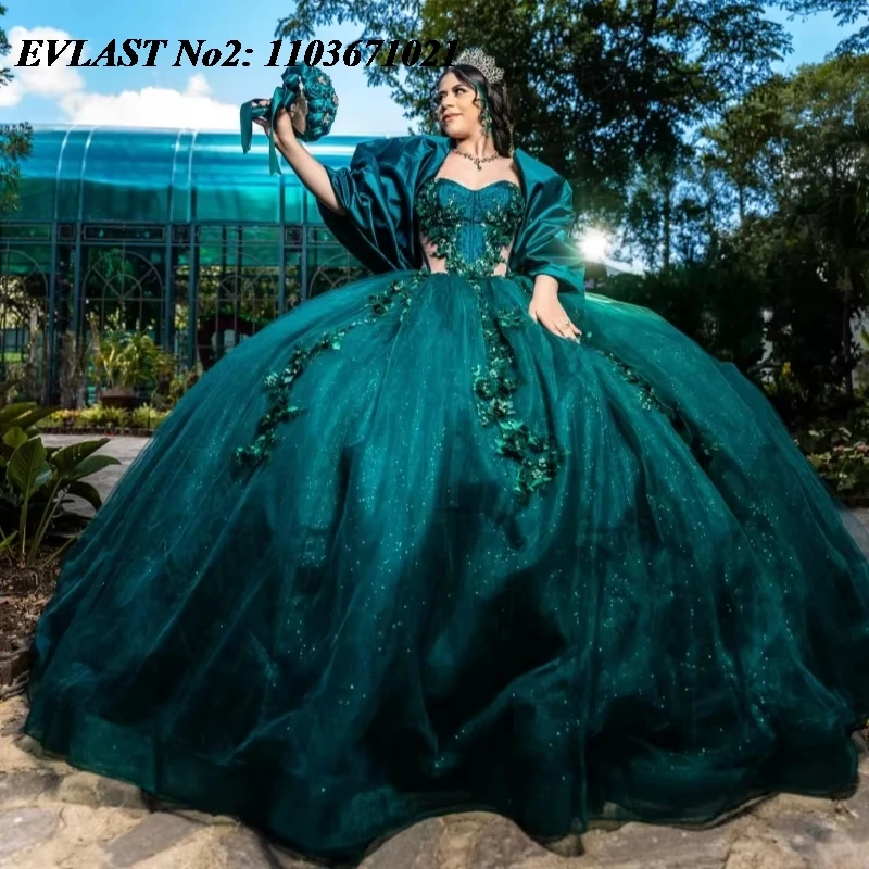 EVLAST Personalizado Brilhante Verde Enegrecido Quinceanera Vestido de Baile Floral Applique Beading Doce 16 Vestidos De 15 Anos E2Q13