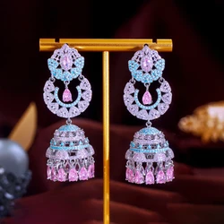 ThreeGraces Luxurious Shiny Pink Zirconia Turquoise Long Big Bell Shaped Tassel Earrings for Women Bridal Party Jewelry E1976