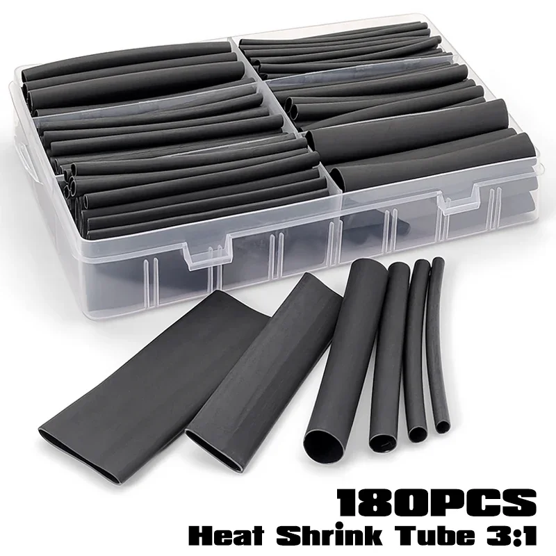 180Pcs 3:1 Black Flame Retardant Heat Shrink Assortment For Greenhouse Agricultural Irrigation Lamp Wiring Cable Isolation Wrap