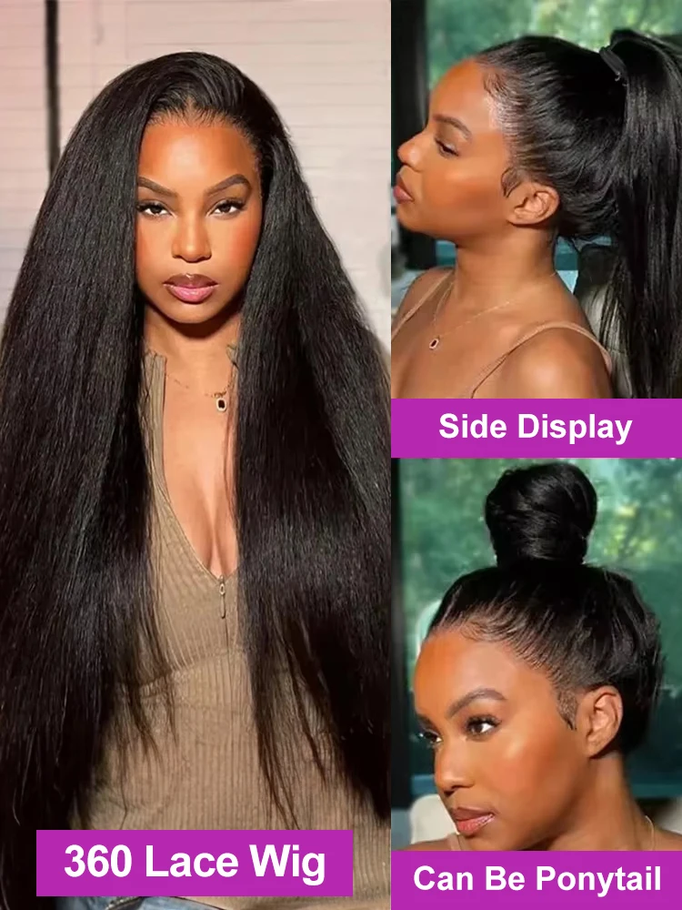 300% Density Kinky Yaki Straight 13x6 HD Lace Front Human Hair Wigs 350% 40 Inch 360 Full Lace Frontal Wig for Women Preplucked