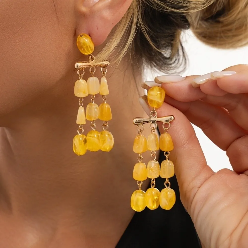 Vintage Resin Bead Dangle Earrings Multi-Layer Bead Layered Statement Earrings Ornate Yellow Drop Earrings Banquet