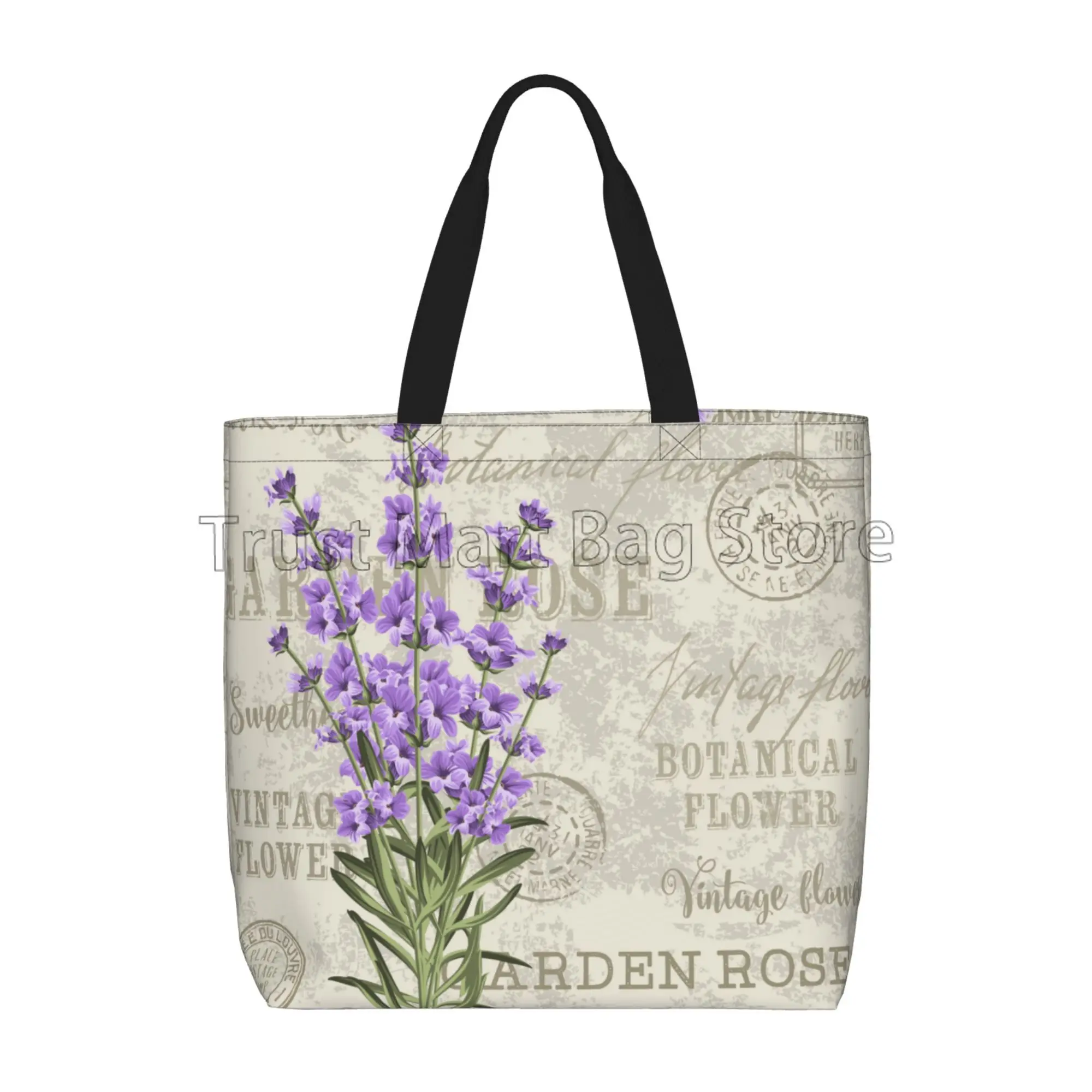 Vintage Lavender Flower Stamp Canvas Tote Bag Large Women Casual Shoulder Bag Handbag Reusable Multipurpose Shopping Grocery Bag