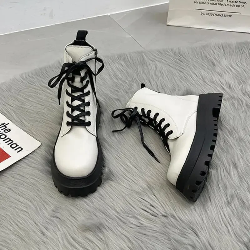 Footwear with Laces Women\'s Ankle Boots Combat Biker Short Shoes for Woman Lace-up Booties Platform Punk Style Chunky Boot Pu 39