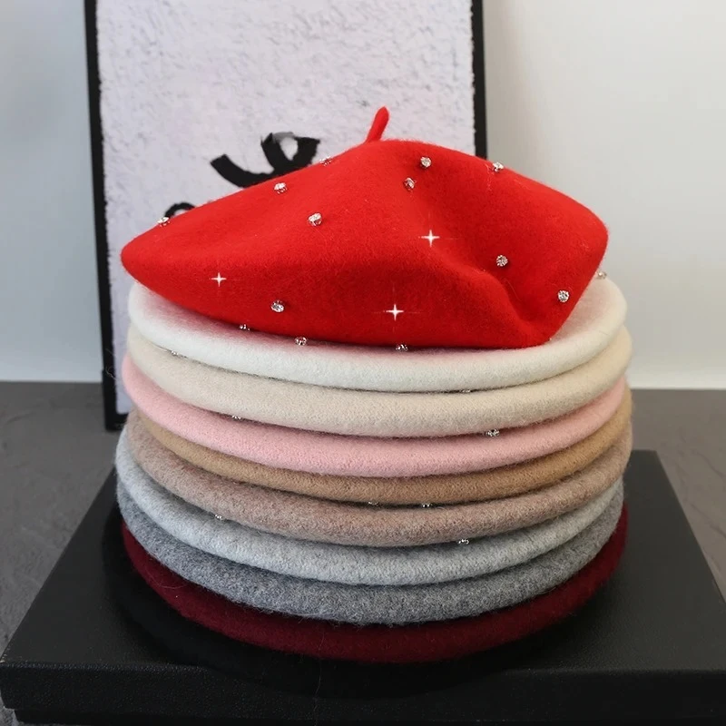 2025 neue Strass Wolle Dicke Berets Frauen Französisch Baskenmütze Künstler Maler Herbst Winter Hut Mädchen Weibliche Warme Fuß Kappe
