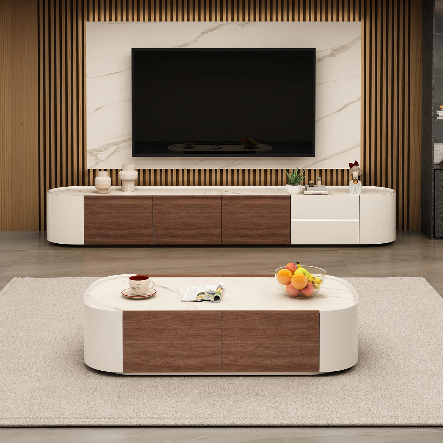 

Комбинация журнального столика из цельного дерева от пола до потолка, современная простая маленькая квартира, гостиная