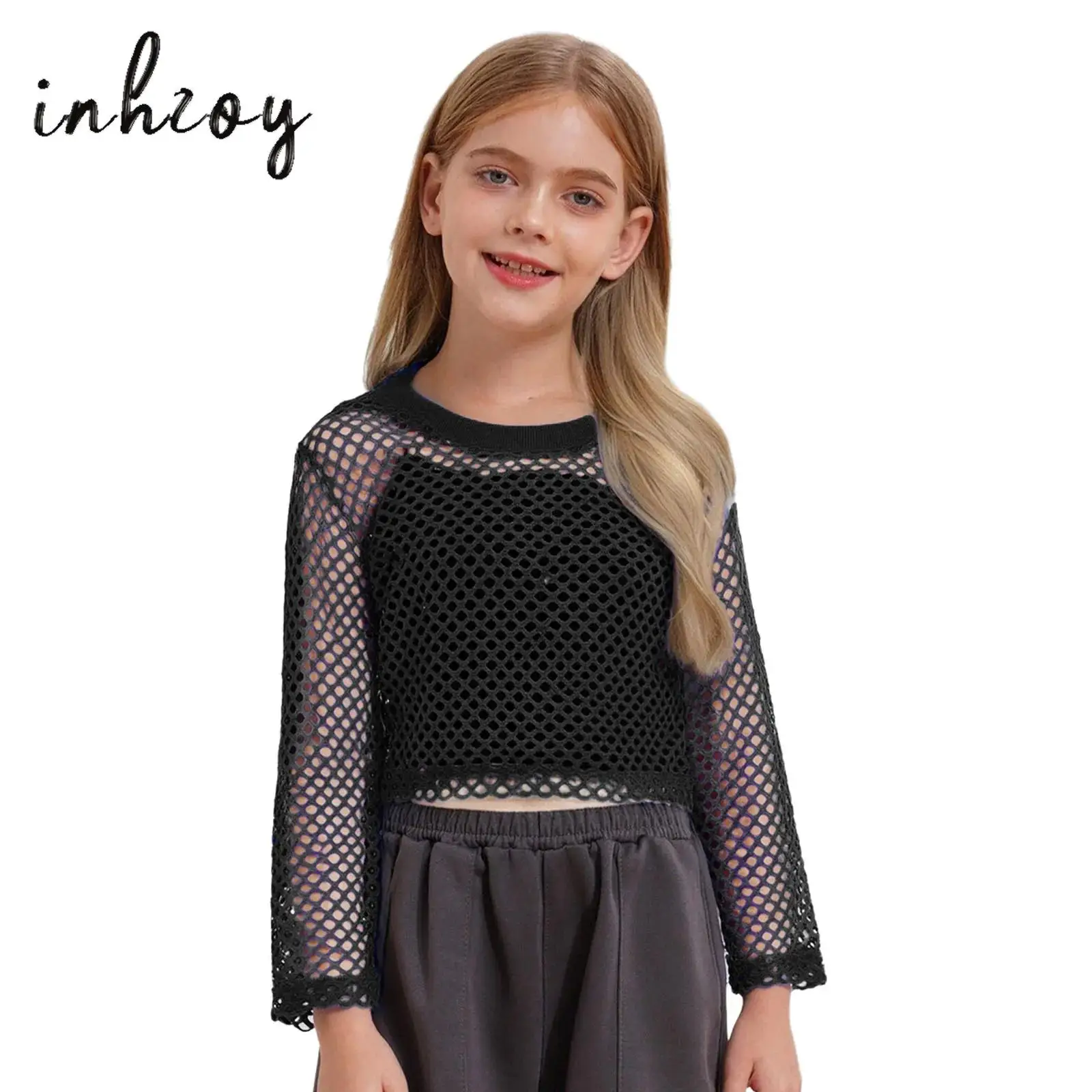 

Kids Girls Shirt Hip-Hop Jazz Dance Top Hollow Out See-Through Fishnet T-Shirt Ribbed Round Neck Long Sleeve Crop Top Streetwear
