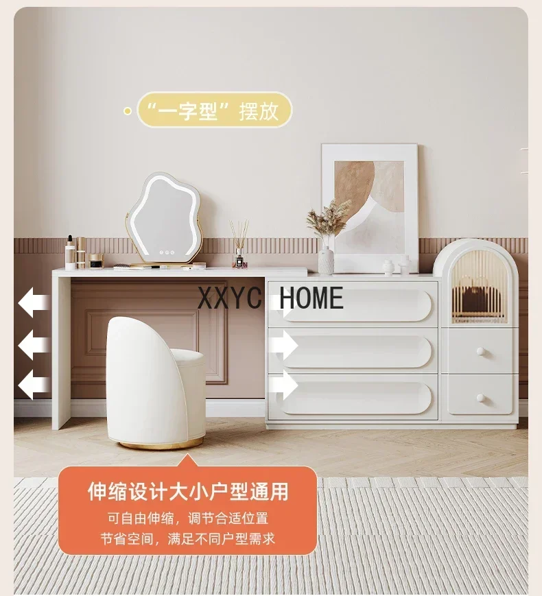 Cream Style Bedroom Chest of Drawers Dresser Retractable TV Cabinet Makeup Storage Cabinet Desk Combination