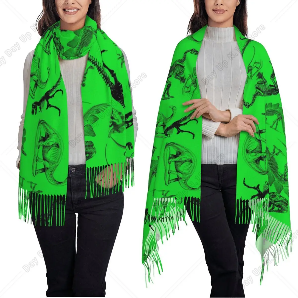 Museum Dinosaurs And Skeletons On Bright Green Scarf Tassel Scarves for Women Warm Shawls and Wraps Long Fall Winter Shawl Wrap