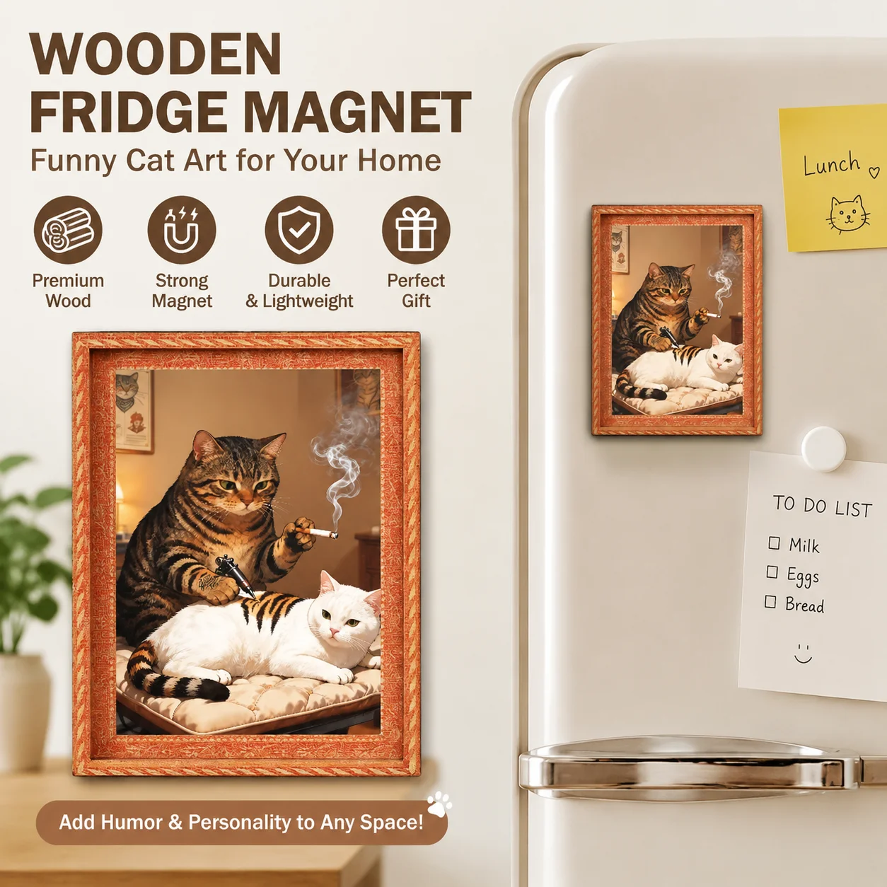Funny Meme Art Wooden Framed Magnetic Sticker Vintage Tattoo Cat Fridge Magnet Refrigerator Decor Kitchen Home Novelty Gift