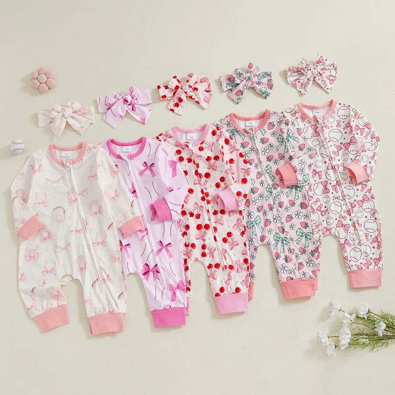 

0 to 18 Months Baby Girl Romper Spring Autumn Clothes Baseball/Cherry Bow Zip-up Round Neck Long Sleeve Jumpsuit Headband