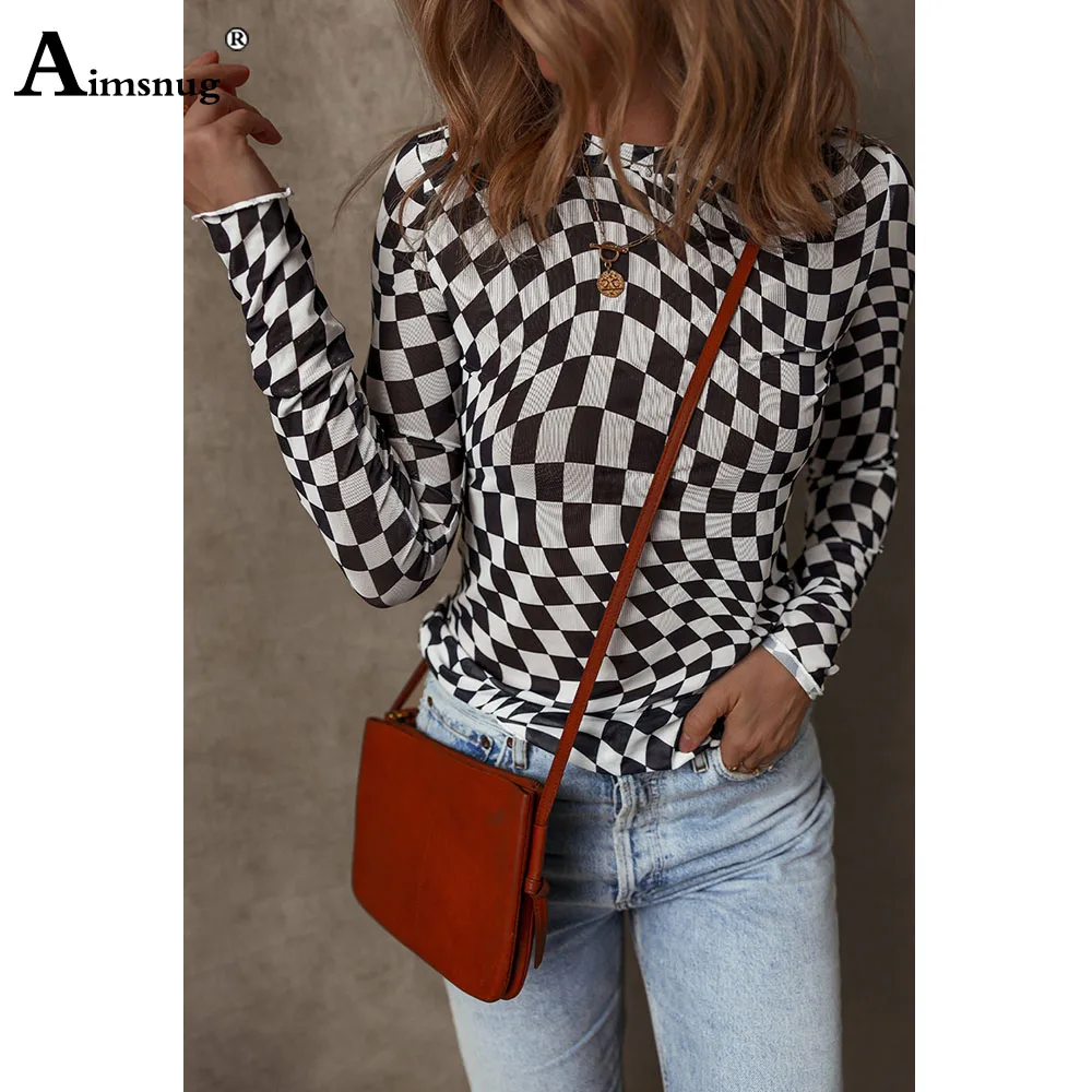 Frauen Beiläufige Dünne Tees Shirts Modell Plaid Print T-shirt Weibliche Lange Ärmel Grundlegende Top Rundhals Tunika Hemd Femmes Kleidung