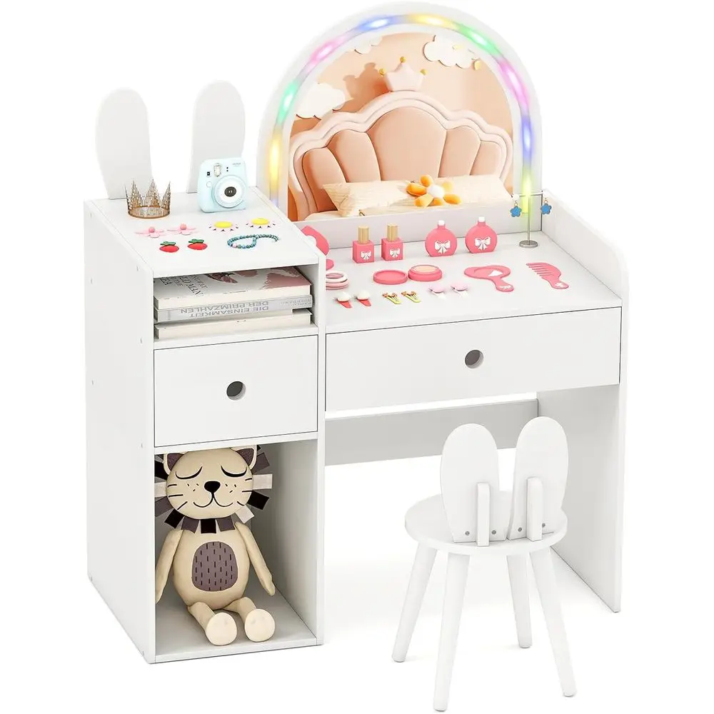 Kids Vanity, Girls Vanity Set with Mirror and Stool and Lights, Ders & Storage Comparents, Toddler Makeup Vanity Desk Dring Tabl