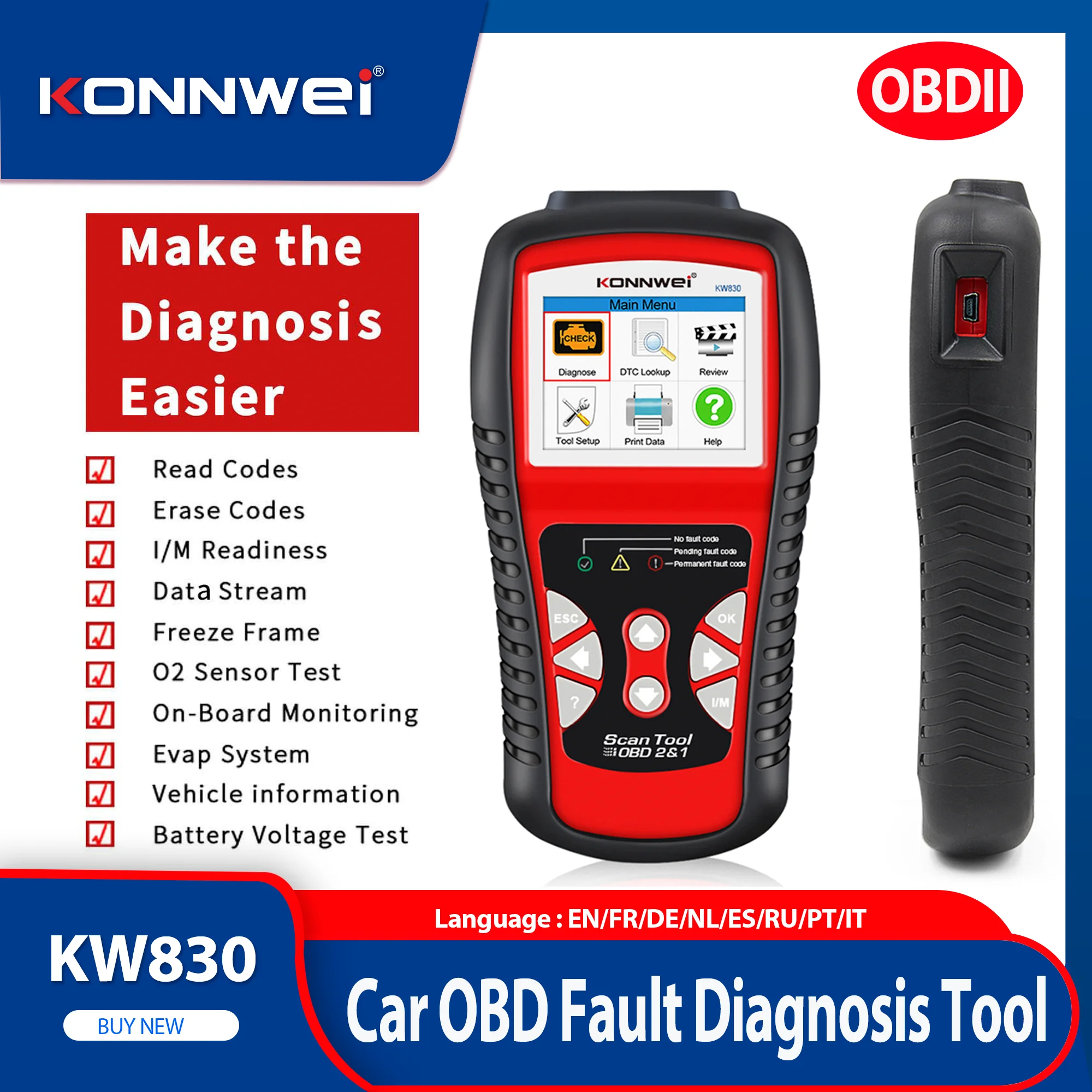 KONNWEI KW830 أداة الماسح الضوئي للسيارة قارئ رمز السيارات obd2 obdii أداة تشخيص القراءة وواضحة رموز خطأ السيارة أداة مسح ضوئي