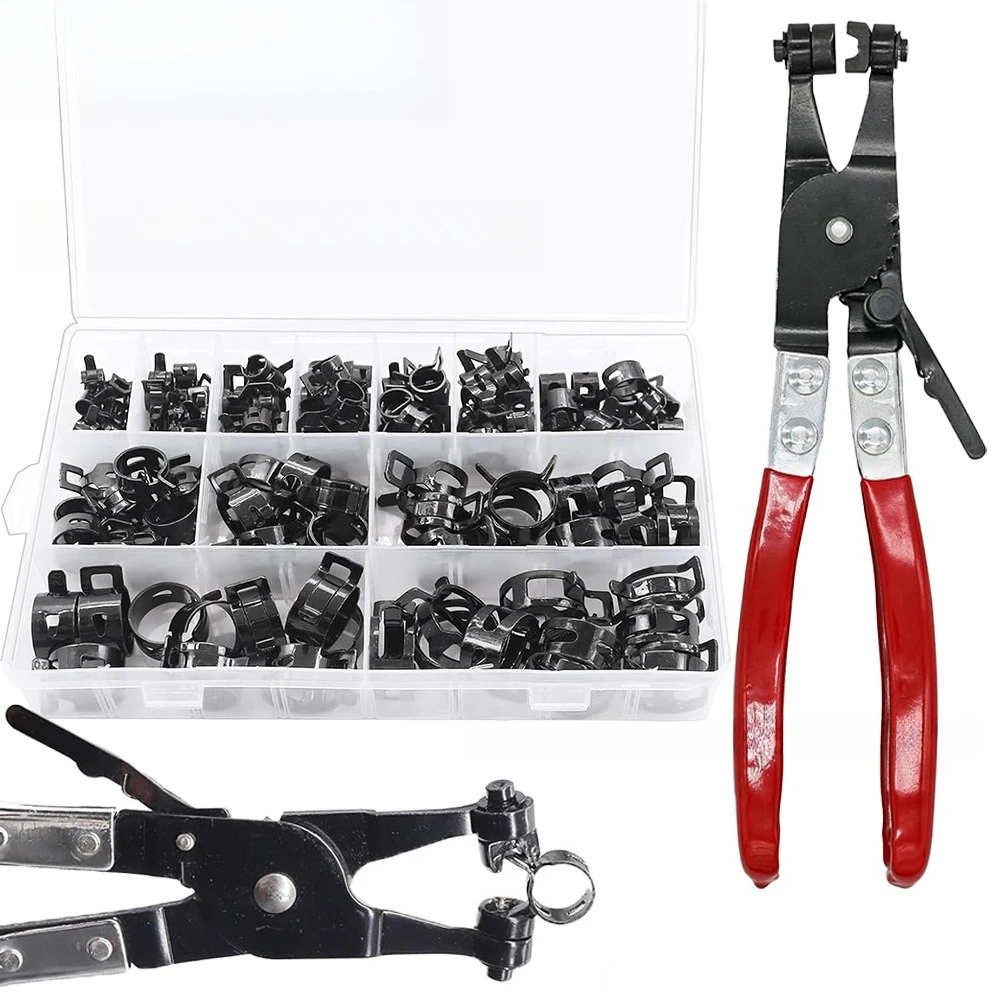 120PCS Boxed 65Mn Spring Hose Clamp Kit, Dacromet Elastic Hose Clips with Hose Clamp Plier