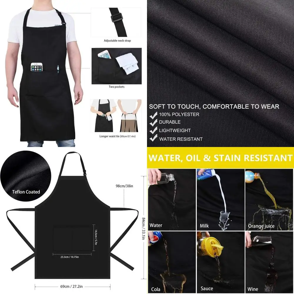 

Large 33x27 Chef Apron with 38 Waist Ties, 6-Pack, Black, Comfortable Fit, Durable, 2 Pockets