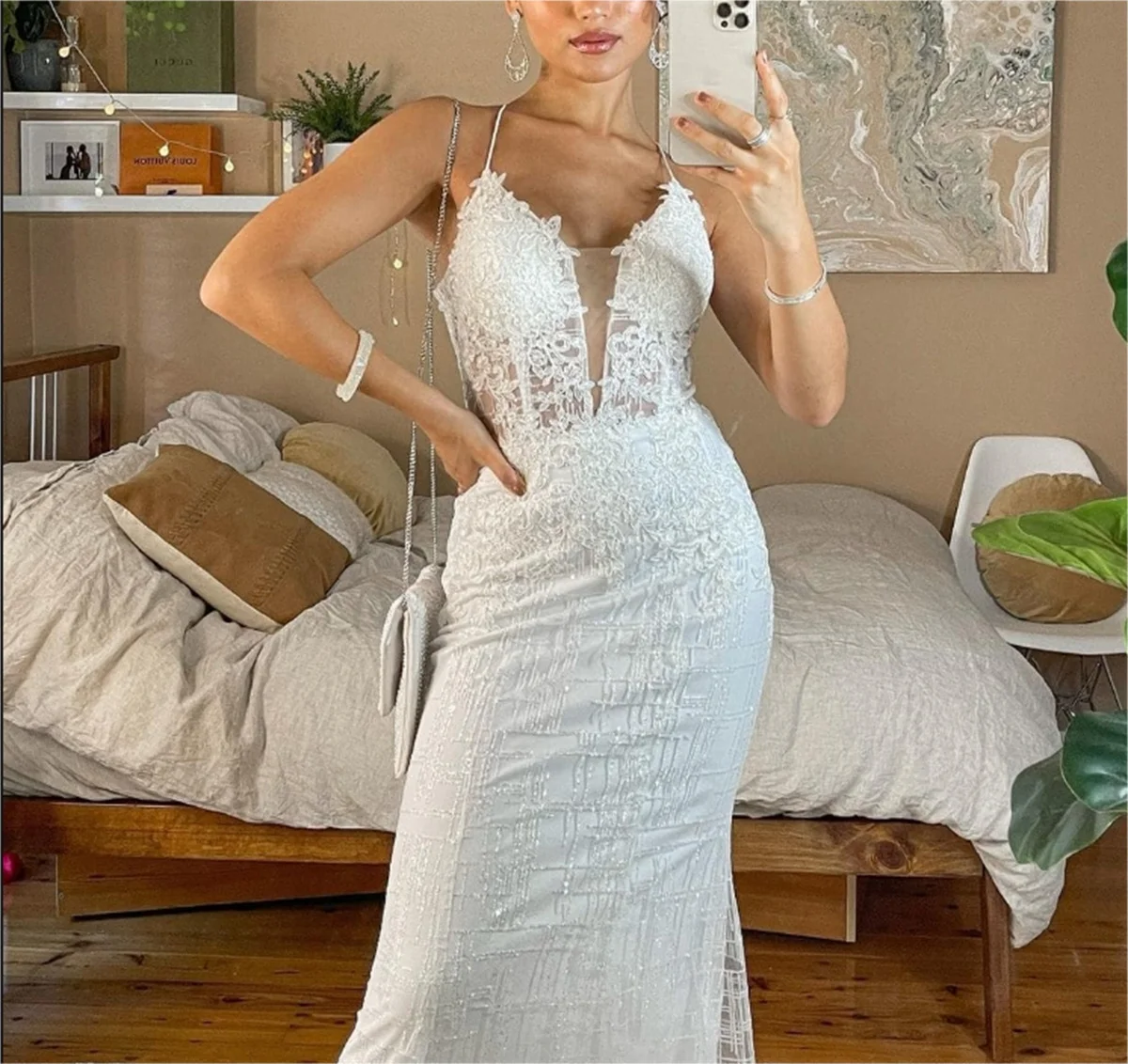 White Mermaid Dress Lace Print Sexy Sheer Deep V-Neck Suspenders Star Prom Gowns To Ankle Length Party Special Occasion Custom