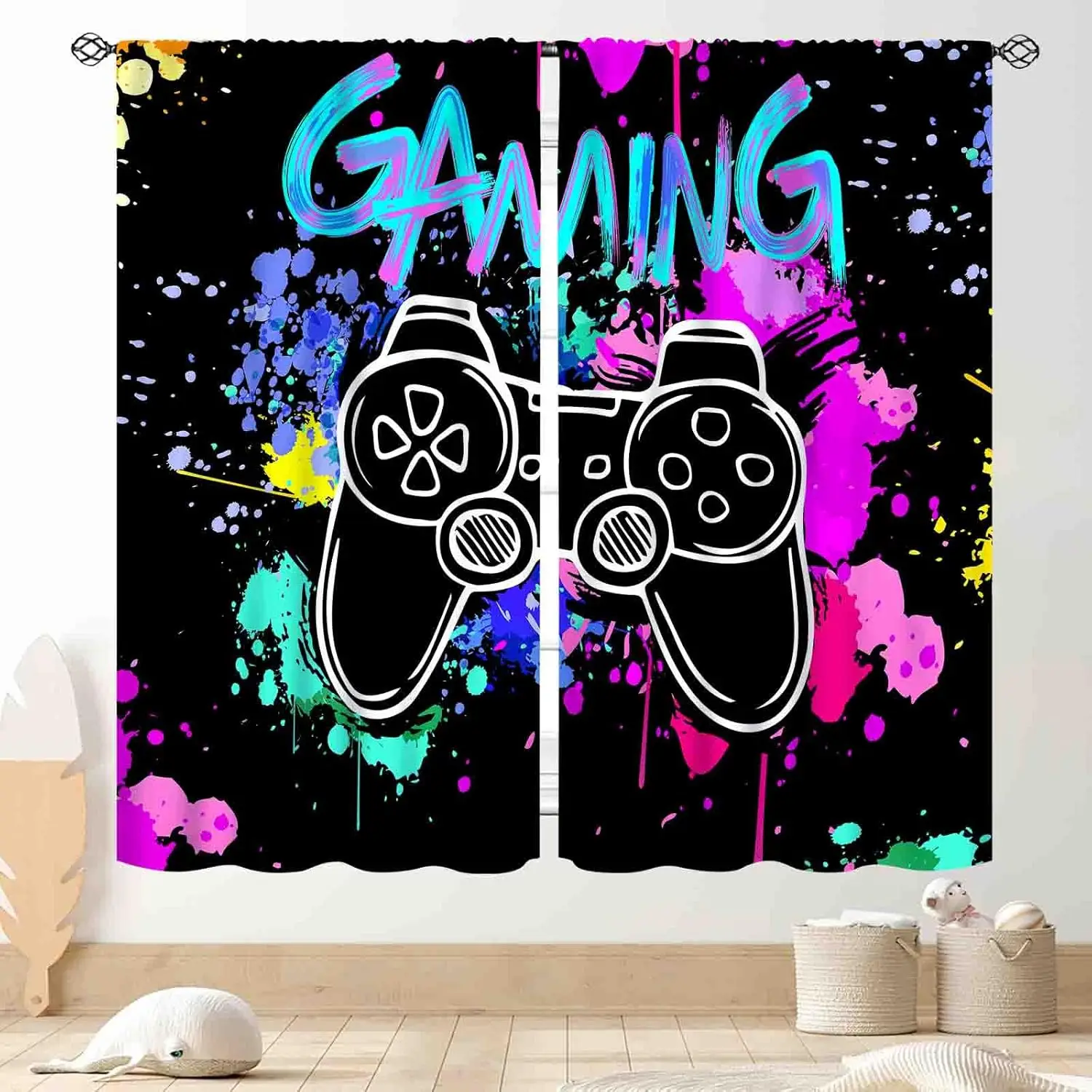 Gaming Themed Curtains for Boys Room, Colorful Video Game Controller Drapes, Kids Teens Bedroom & Playroom Window Panels