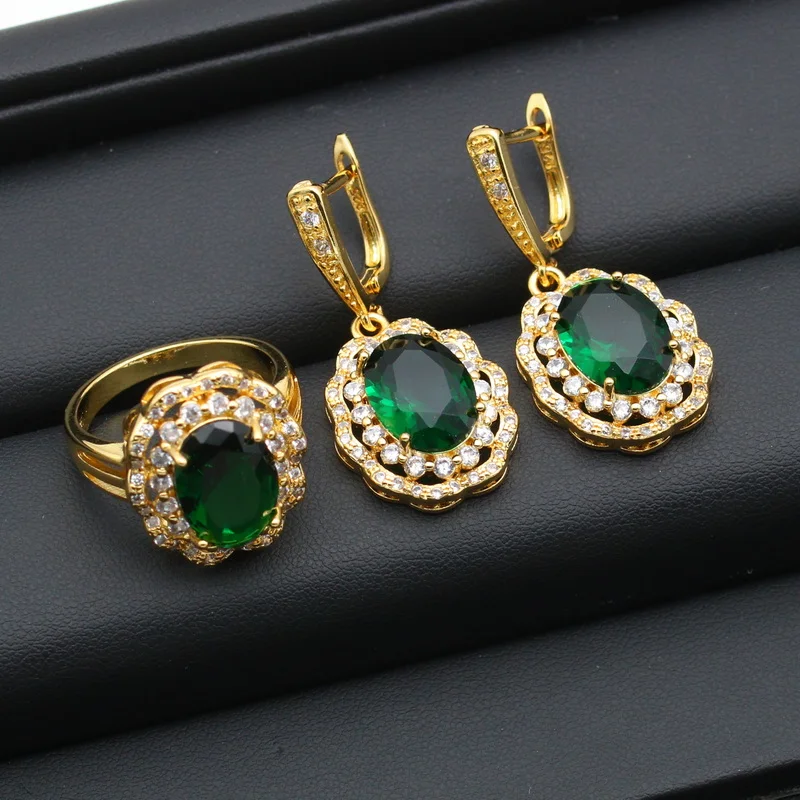 Gold Color Bridal Jewelry Sets For Women Wedding Emerald Blue Zirconia Earrings Pendant Ring Bracelet Chain Christmas Gift