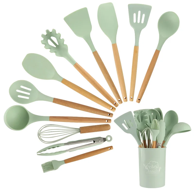 Wooden Handle Cooking Spoon Set, Silicone Kitchenware, Baking Tools, 12 Pcs