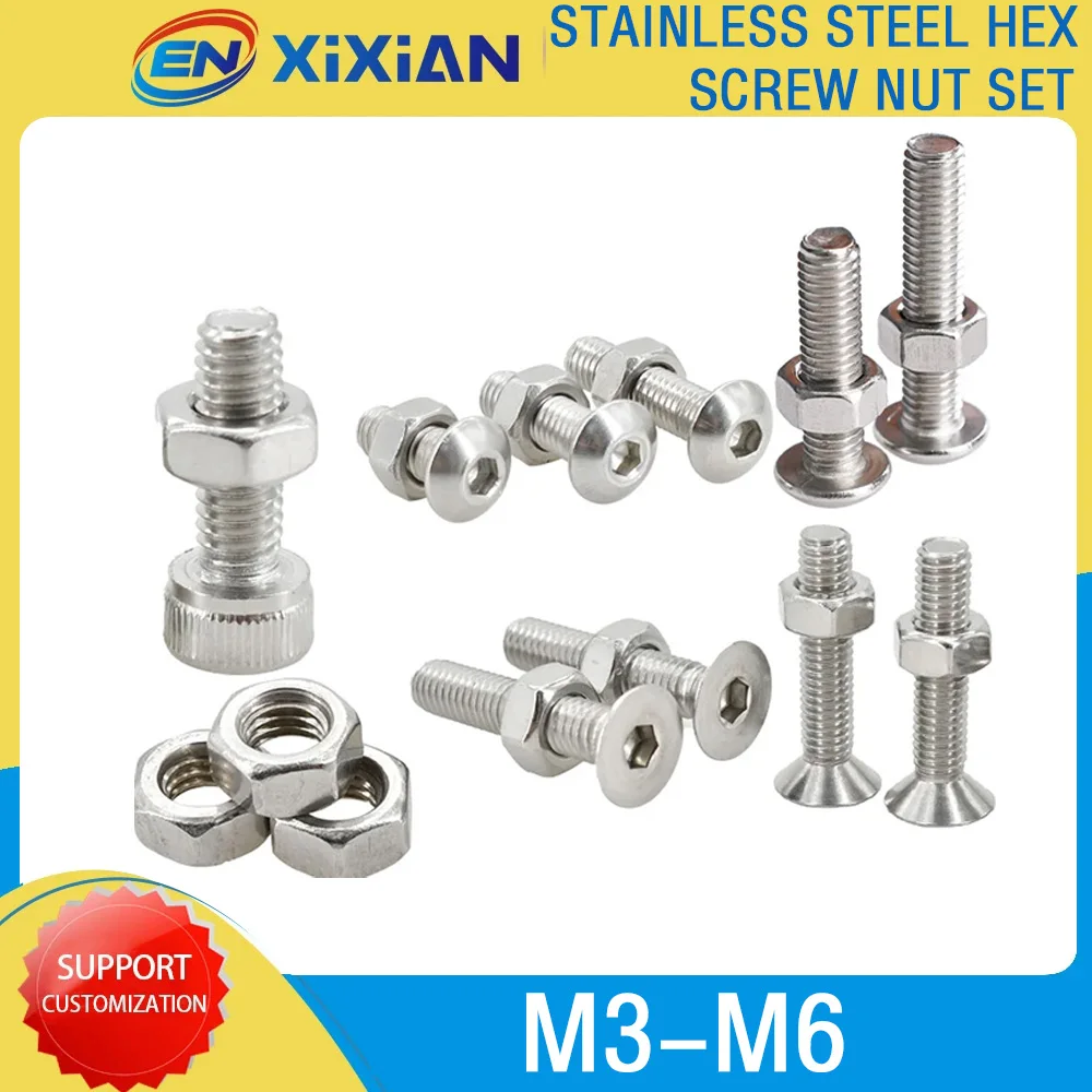 Screw and Nut Set Hex Hexagonal Allen Bolt Metric Threaded 304 Stainless Steel Machine Screws Fairing Bolts Nuts Kit M3 M4 M5 M6