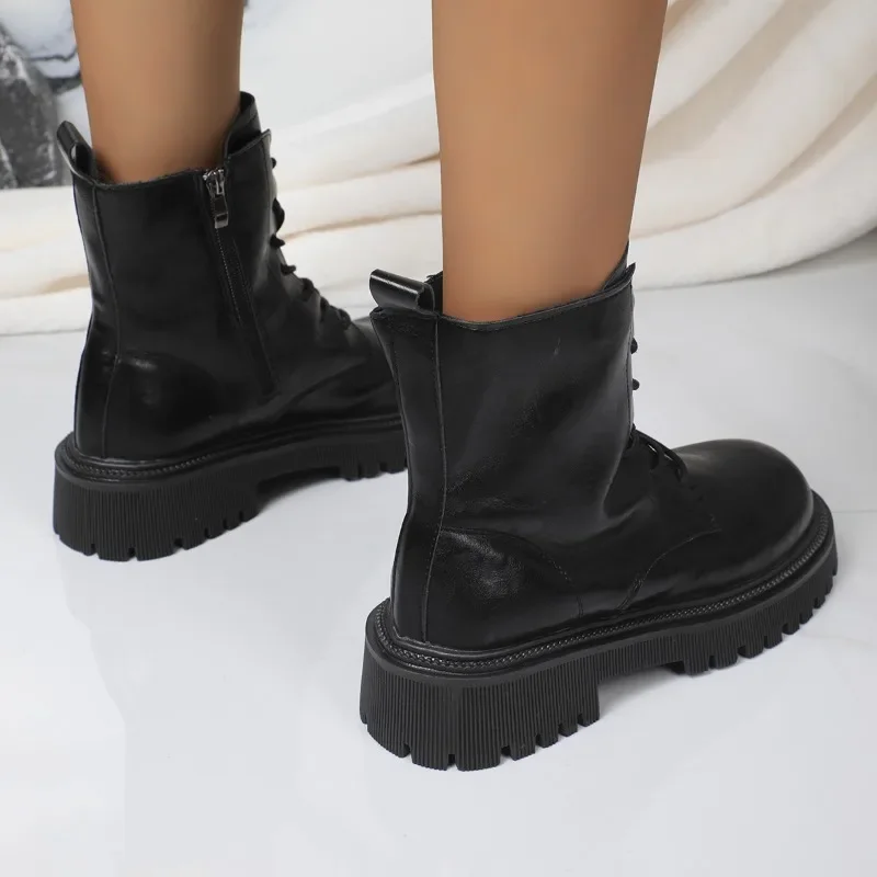 2024 New Women's Shoes Side Zipper Women's Boots Fashion Front Lace-up Modern Boots Women Winter Plus Size Solid Mid-Calf Boots