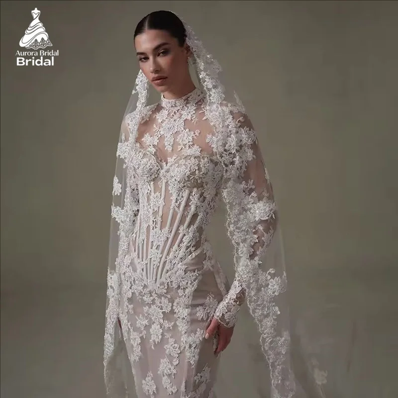 أورورا خمر الدانتيل حورية البحر فستان الزفاف مثير ذوي الياقات العالية كم طويل الزفاف PartryGown عارية الذراعين فستان عروس مخصص