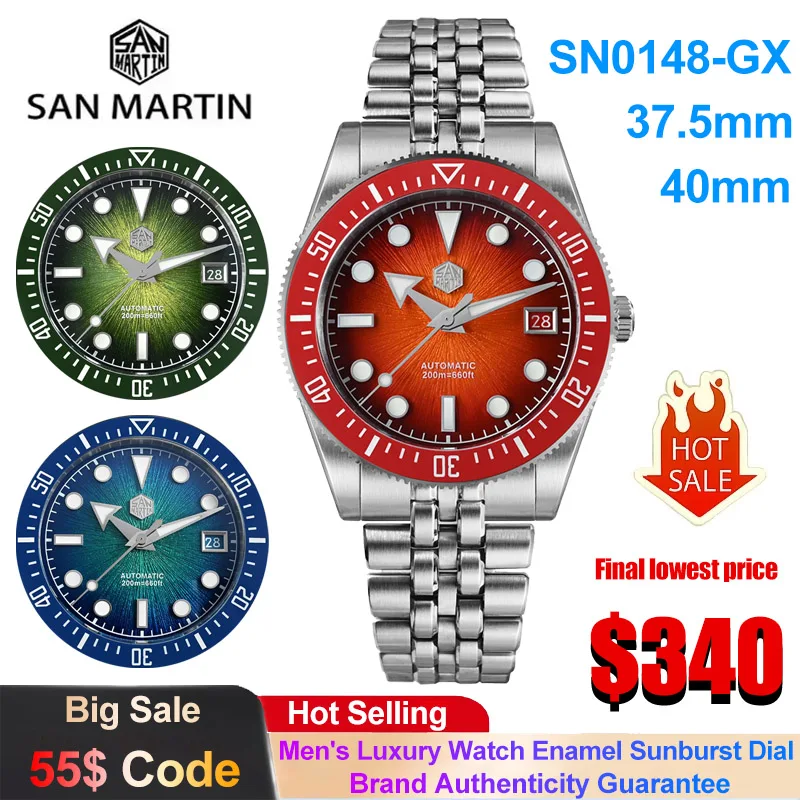 San Martin SN0148 Men's Luxury Watch Fashion Enamel Sunburst Dial Miyota 9015 Automatic Mechanical Watch 200m Waterproof Watches