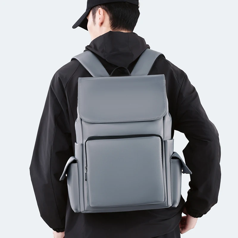 Gray 16-inch laptop backpack, large capacity, adjustable shoulder strap, business travel, school commuting bag, smooth backpack