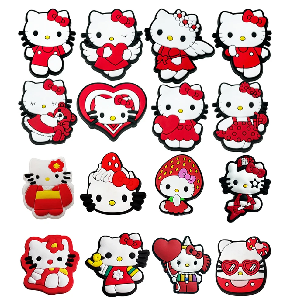 16pcs Mesuca Cute Red Kitty Cat Shoe Charms For Slides Sandals, PVC Shoe Decorations Accessories For Christmas Gift Party Favor