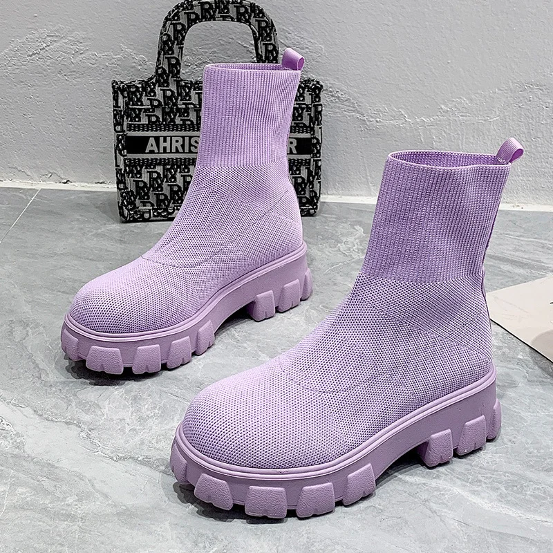 Size 35-43 Women Boots Stretch Fabrics Botas Spring Autumn Shoes Platform Round Toe Pink Purple Ladies Boots Zapatos Mujer