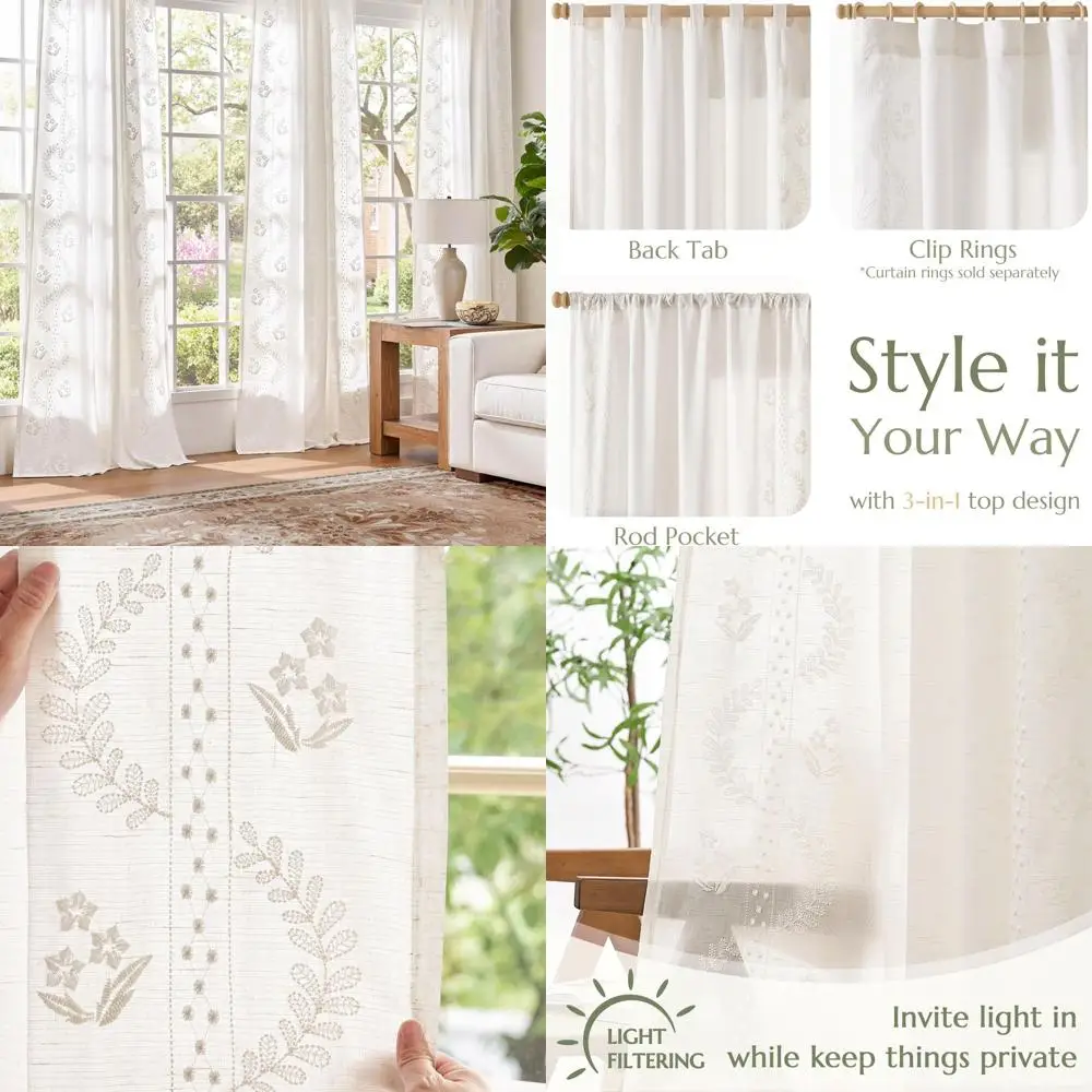 

Шторы из смеси льна с цветочным принтом, 84-белые с вышивкой, набор из 2 панелей для спальни или гостиной