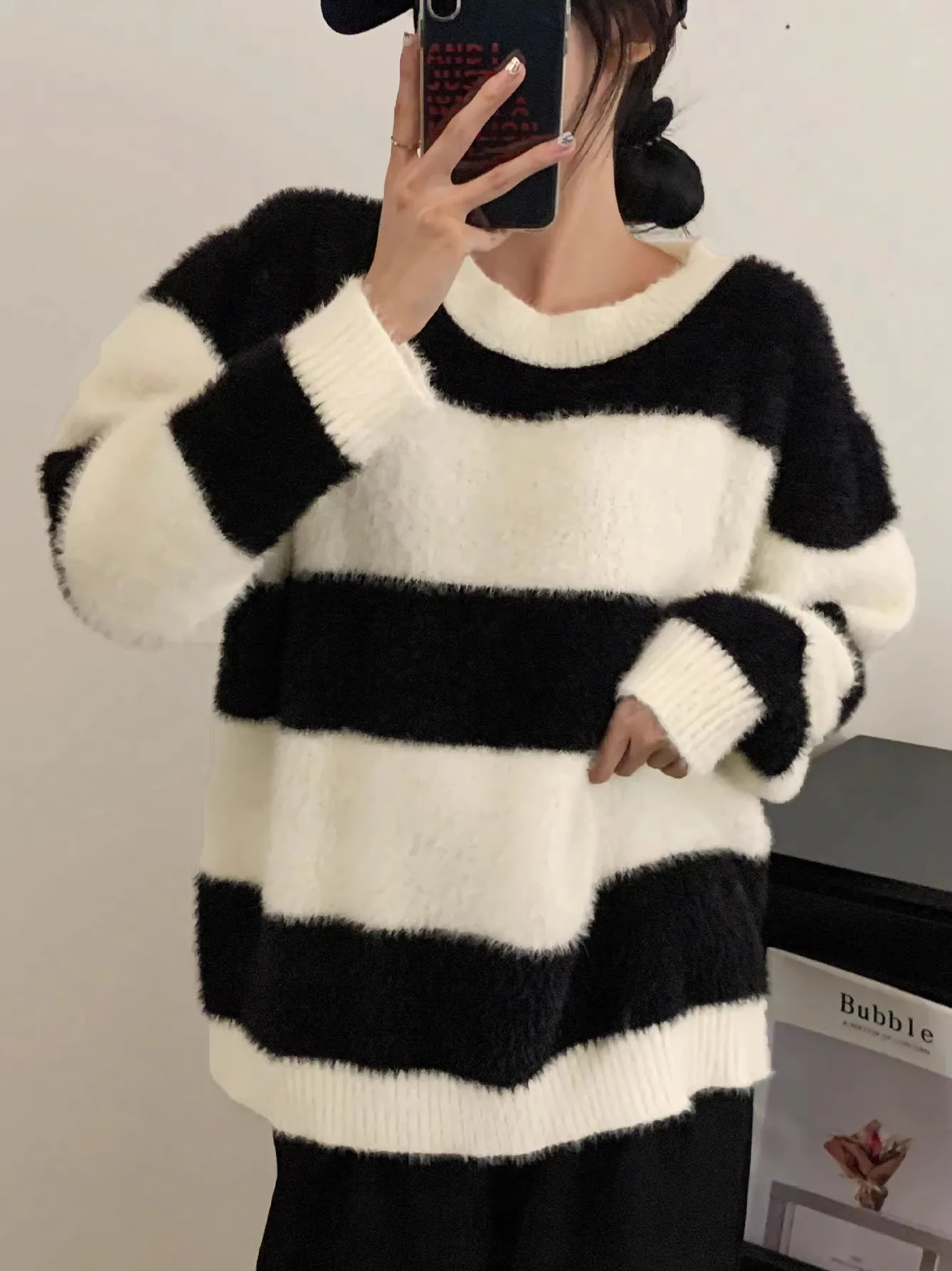 

Корейский шикарный винтажный полосатый вязаный свитер, свободный женский длинный све, круглый пуловер Ne, теплый утягивающий зимний топ