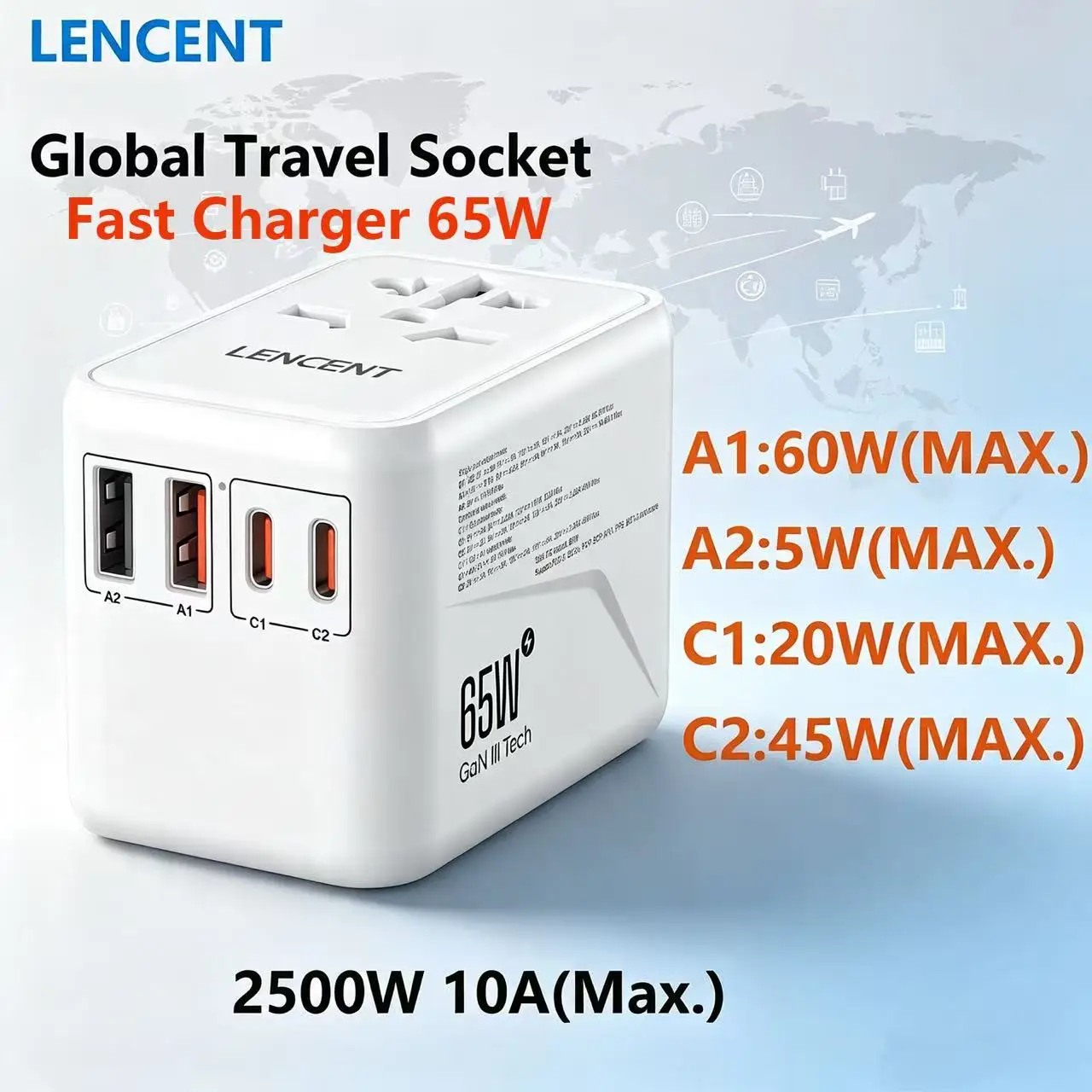 LENCENT Universal Travel Adapter with 4 AC Outlets  2 USB  2 TypeC  All-in-One Fast Charging 65W Charger for EU UK US AUS Travel