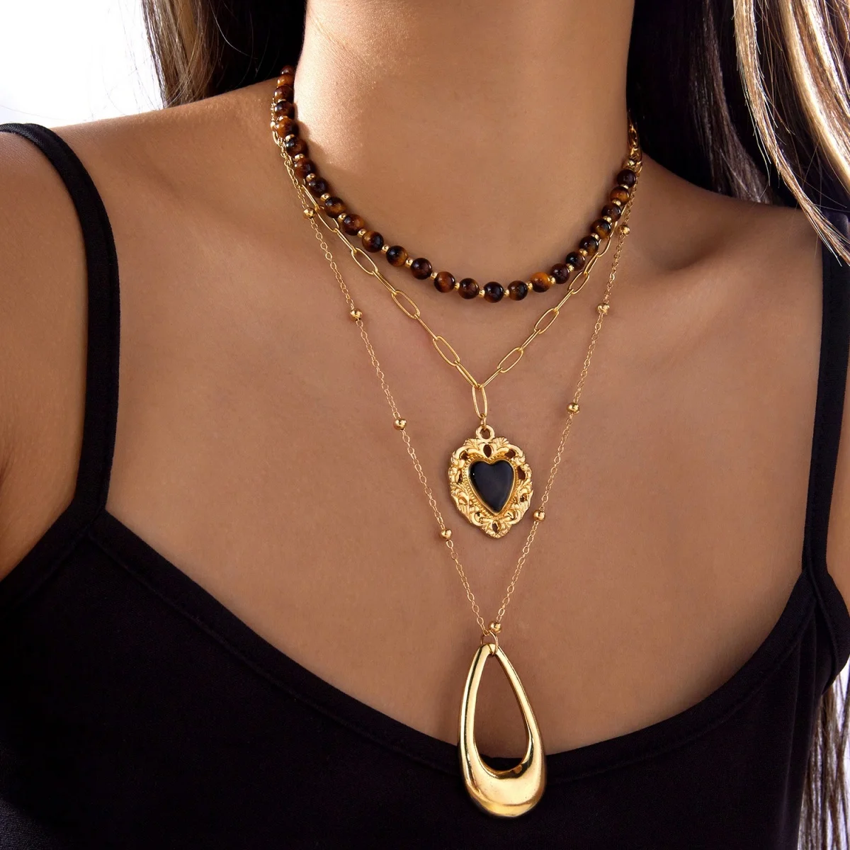 Retro Natürlicher Tigerauge-Stein Herz Hohler Wassertropfen Anhänger Halskette für Frauen Männer Mehrschichtige Tropfenform Stapelbare Choker-Schmuckstücke – Detail 21