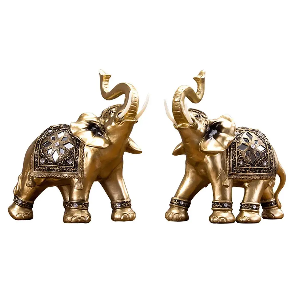 Gold Elephant Statue Hand Curved Sculpture Lucky Fortune Statuette Shelf Decoration for Living Room