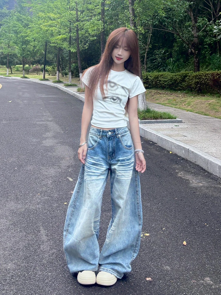 

Светло-голубые широкие джинсы женские, свободные прямые брюки в пол, драпированные, с высокой талией, повседневные, удобные, из денима