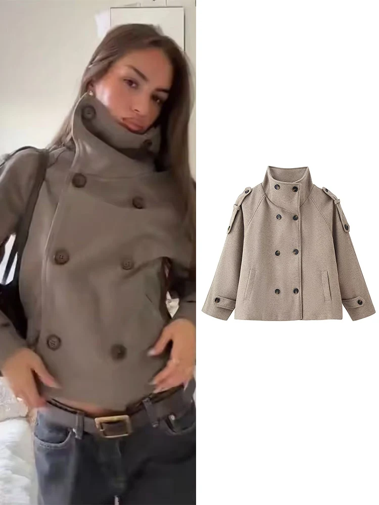 

TFMLN Women Turtleneck Double-Breasted Coat Solid Pocket Casual Loose Full Sleeve Woolen Jacket Autumn Office Ladies Jackets