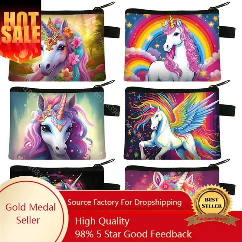 

Cute Cartoon Unicorn Print Coin Purses Fantasy Rainbow Colorful Coin Bag Girl Kawaii Keys Credit Card Holder Small Wallet Gift